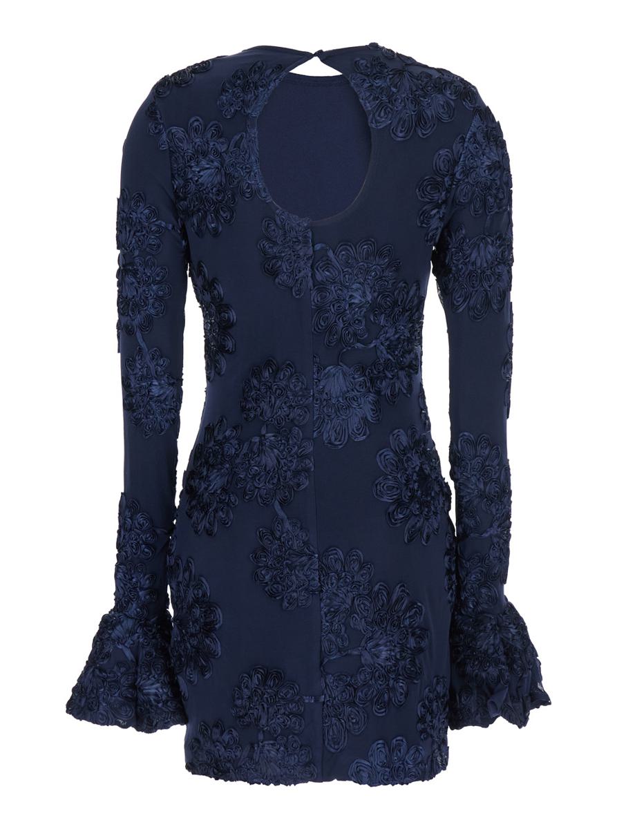 Blue Dress With Mesh Inserts And Embossed Flowers In Fabric Woman
