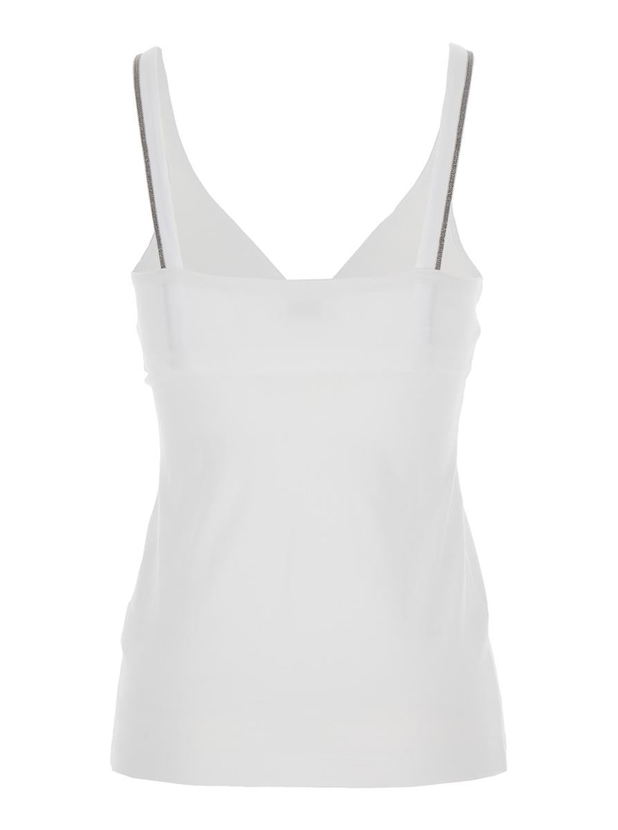 White Sleeveless Top With V Neck And Monil Detail On The Shoulder Straps In Cotton Stretch Woman