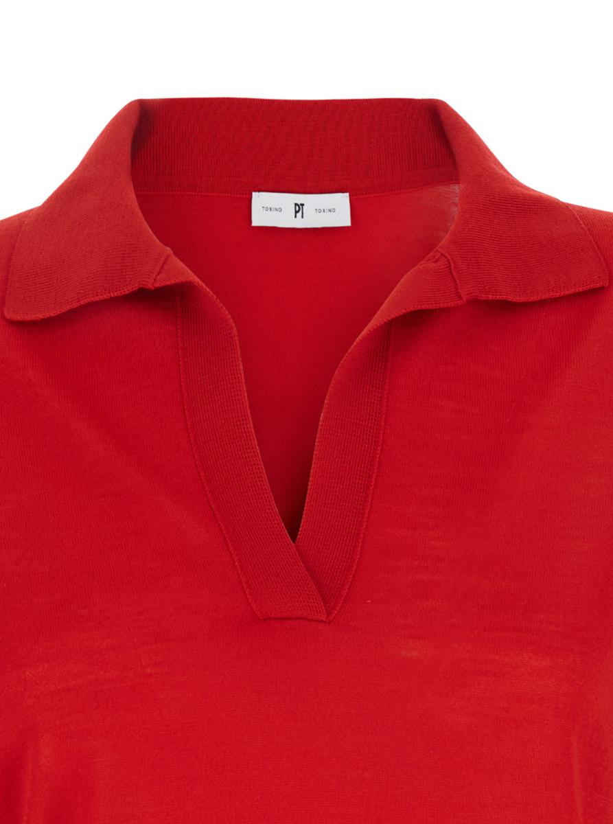 Red Polo With V-Neck And Short Sleeves In Virgin Wool Woman