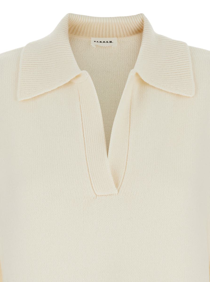 White Sweater With Polo Shirt Style Collar And Dropped Shoulder In Wool And Cashmere Woman
