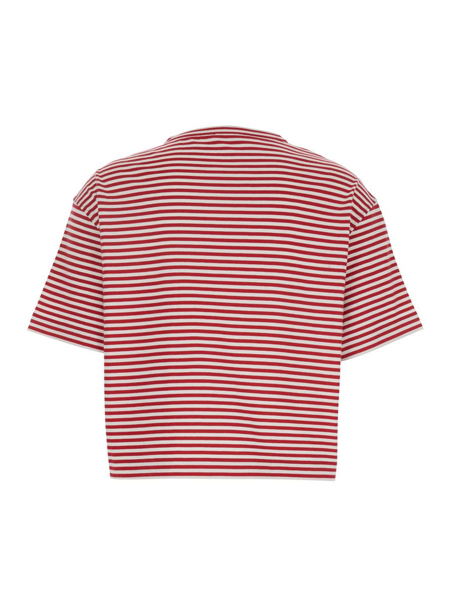 Red Crewneck T-Shirt With All-Over Striped Motif And Jewel Detail On The Front In Cotton Woman