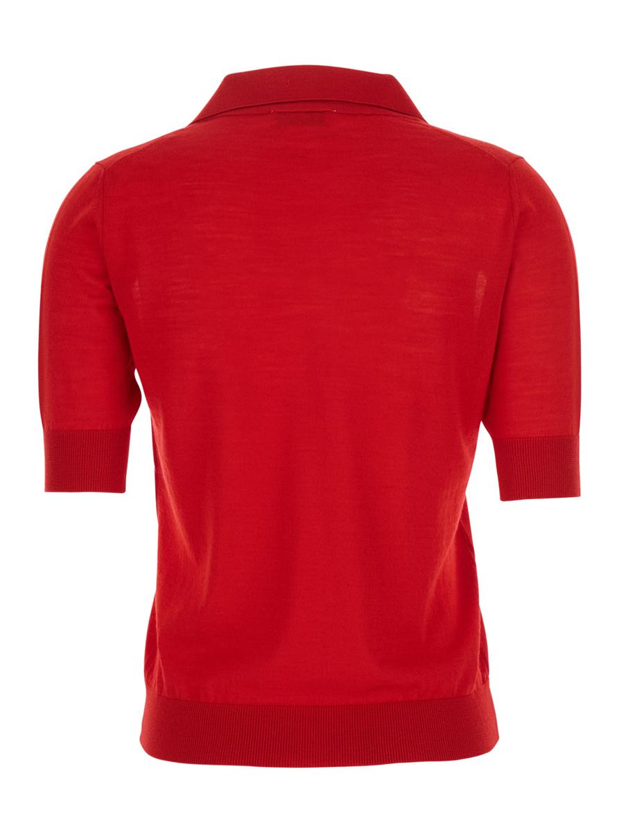 Red Polo With V-Neck And Short Sleeves In Virgin Wool Woman