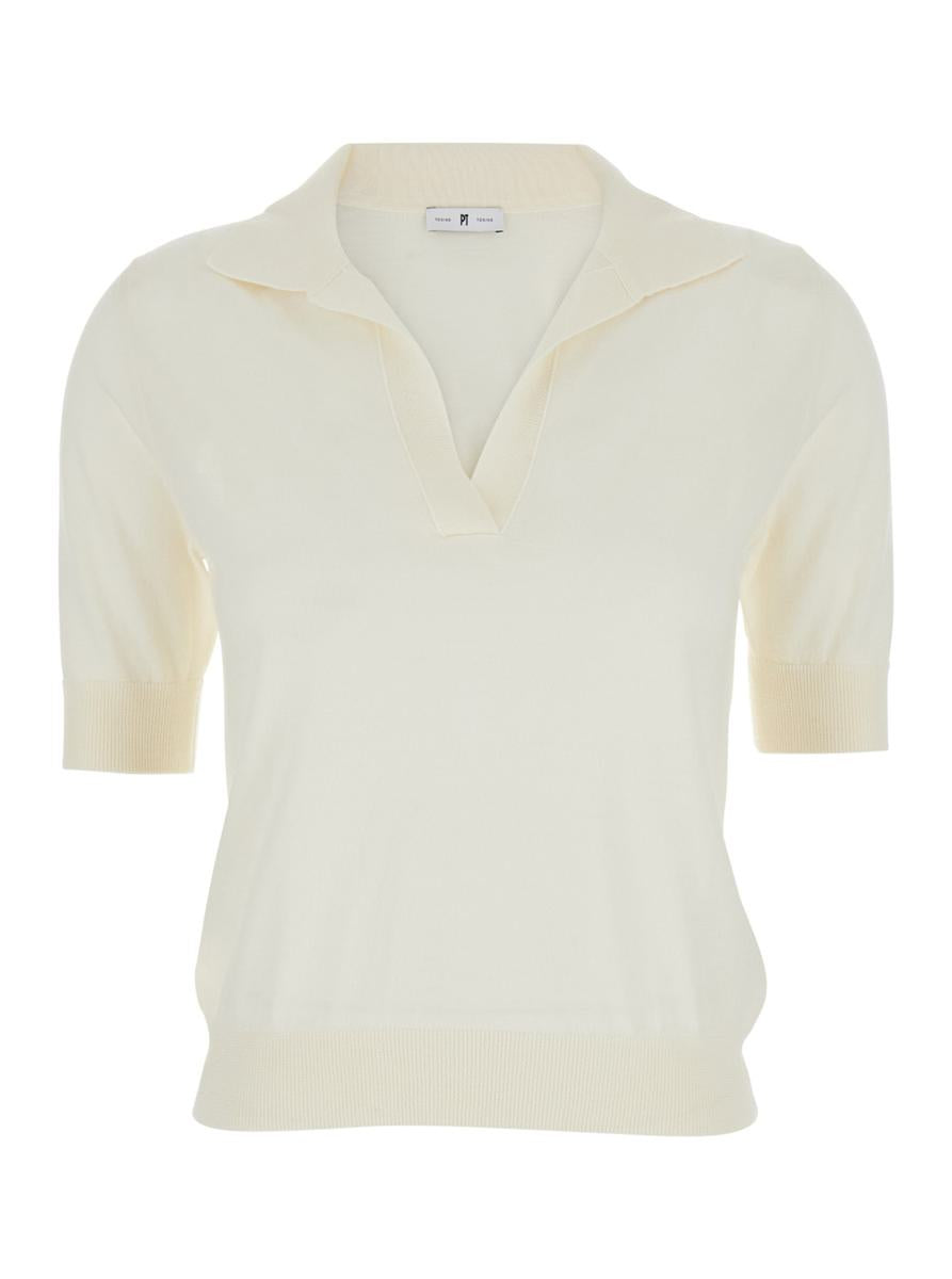 White Polo With V-Neck And Short Sleeves In Virgin Wool Woman