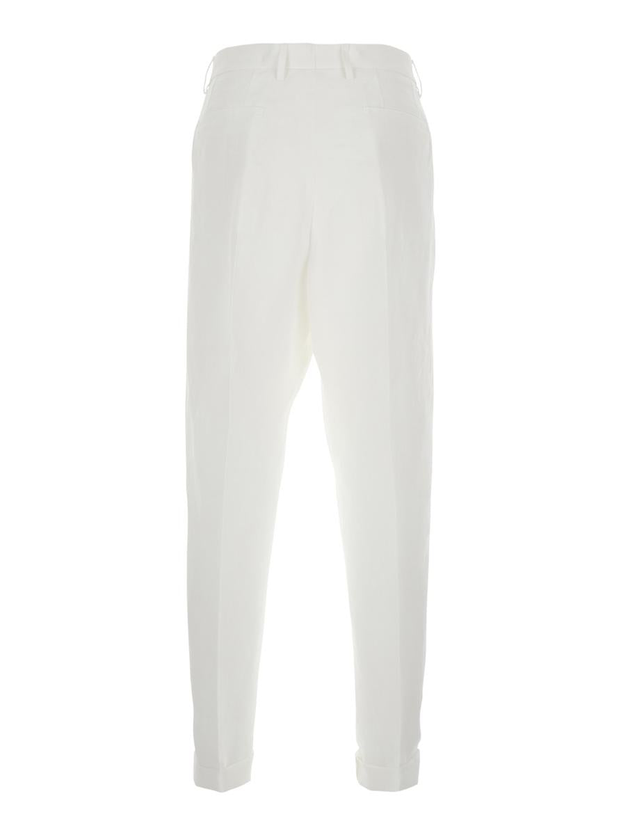 White Pants With Turn-Up Hem In Linen Man