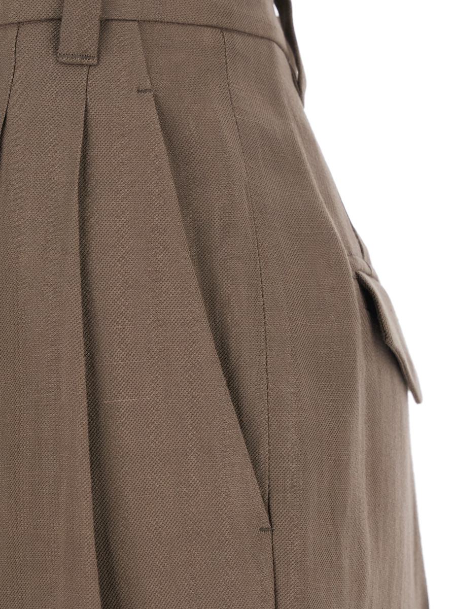 Brown Pants With Pleated Details In Linen Blend Woman