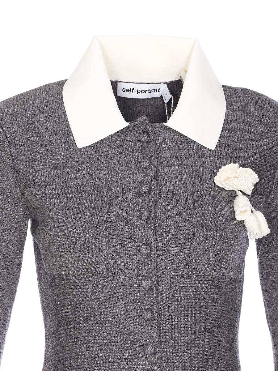 Self-Portrait Grey Crochet Flower Collared Knit Mini Dress Clothing