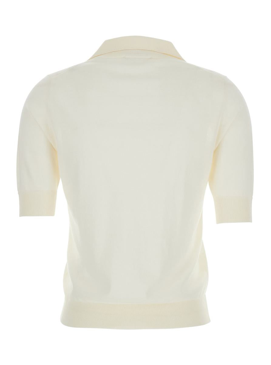 White Polo With V-Neck And Short Sleeves In Virgin Wool Woman