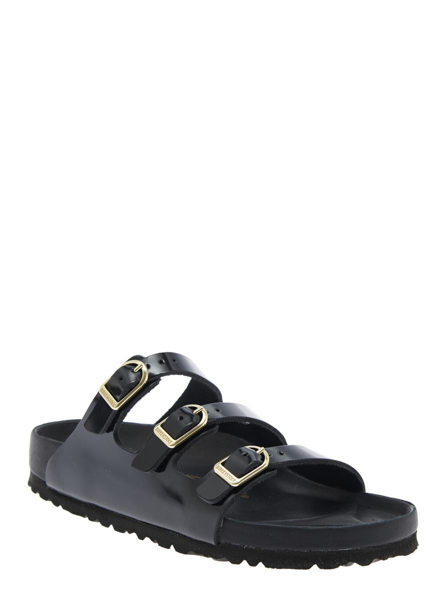'Florida' Black Sandals With Adjustable Buckle Closure And Three Straps In Leather Woman