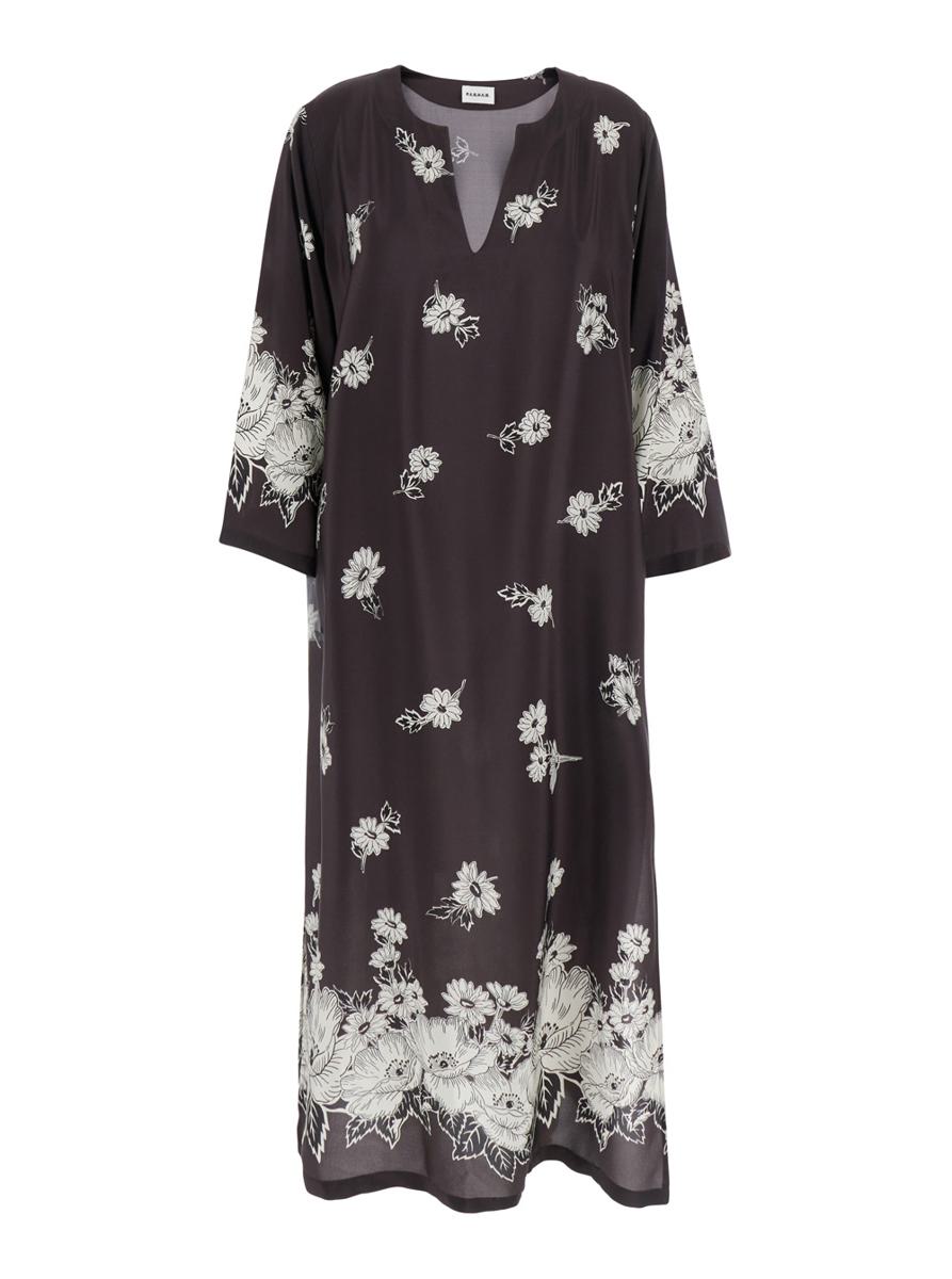 Black And White Long Dress With V-Neck And All-Over Floral Printed Pattern In Silk Woman