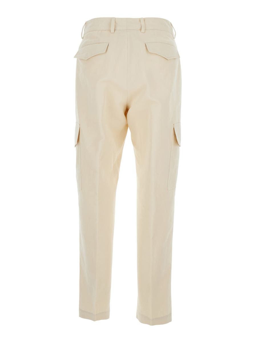 White Pants With Cargo Pockets In Cotton And Linen Blend Woman