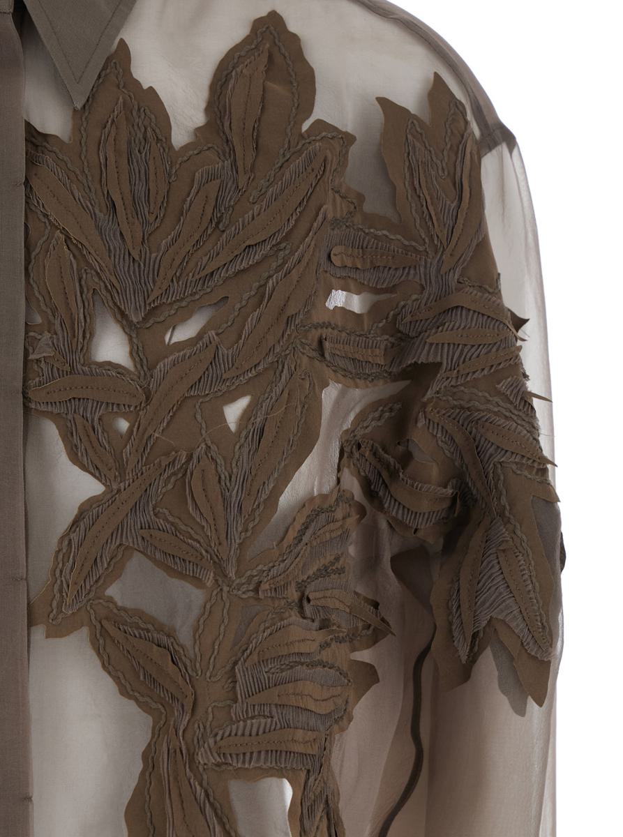 Brown Shirt With Semi-Transparent Design And Embroidery On The Front In Silk Woman