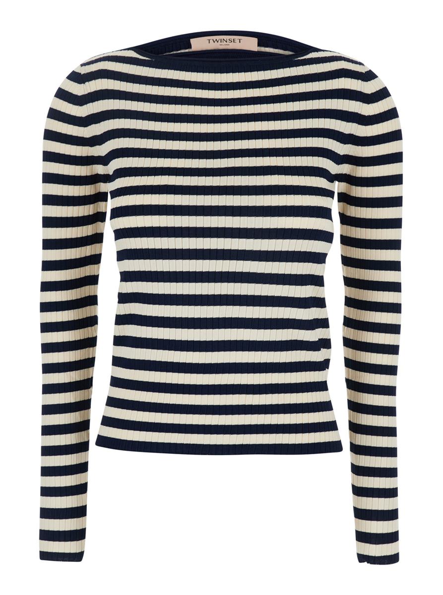 White And Black Top With Ribbed Design And All-Over Striped Motif In Viscose Woman