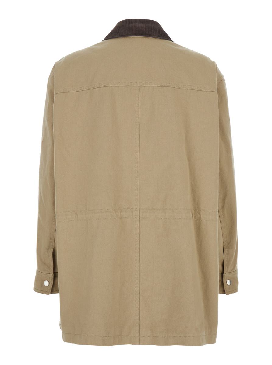 Beige Jacket With Corduroy Collar And Front Snap Button Closure In Cotton Woman