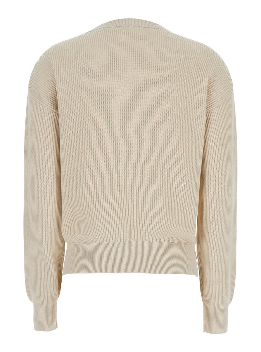 Beige Crewneck Sweater With Dropped Shoulders In Cotton Woman