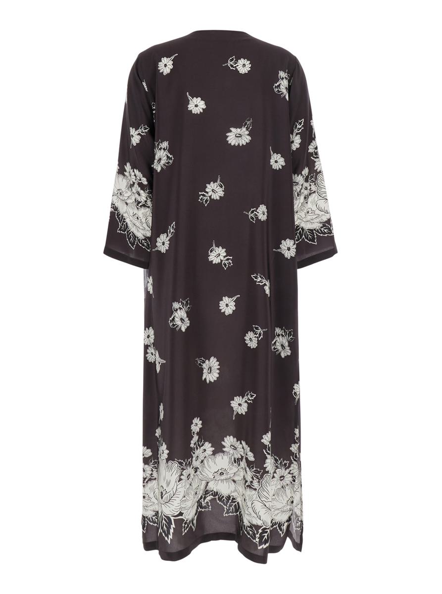 Black And White Long Dress With V-Neck And All-Over Floral Printed Pattern In Silk Woman