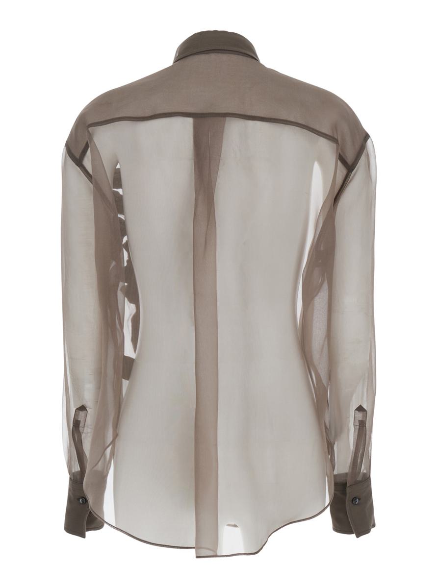 Brown Shirt With Semi-Transparent Design And Embroidery On The Front In Silk Woman