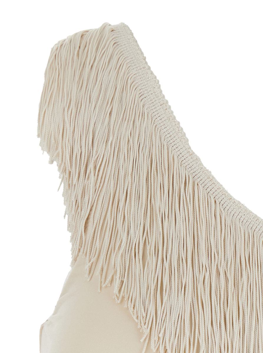 Beige One-Shoulder Top With Fringe Embellishments In Tech Fabric Stretch Woman