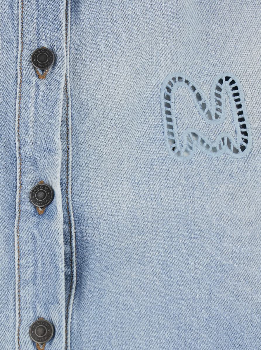 Light Blue Crop Shirt With Logo On The Front And Perforated Details In Denim Woman