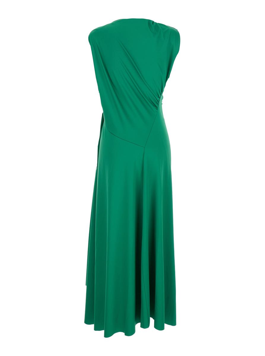 Green Long Dress With Pleated Details In Tech Fabric Woman