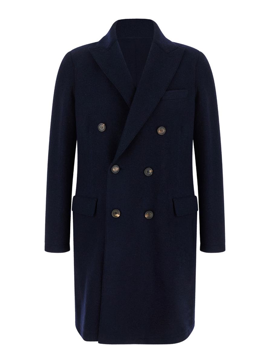 Blue Double-Breasted Coat With Peak Revers In Fabric Man