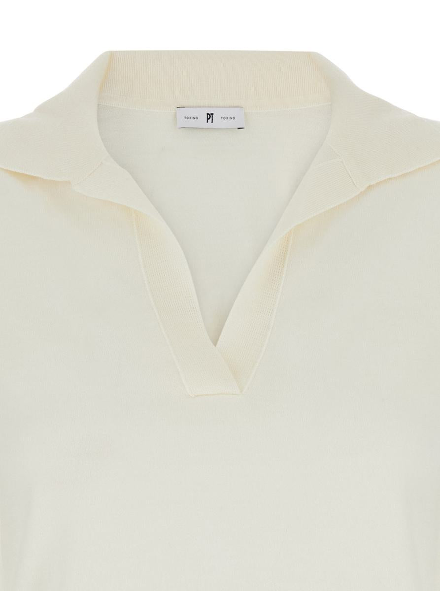 White Polo With V-Neck And Short Sleeves In Virgin Wool Woman