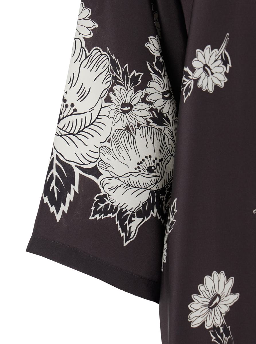 Black And White Long Dress With V-Neck And All-Over Floral Printed Pattern In Silk Woman