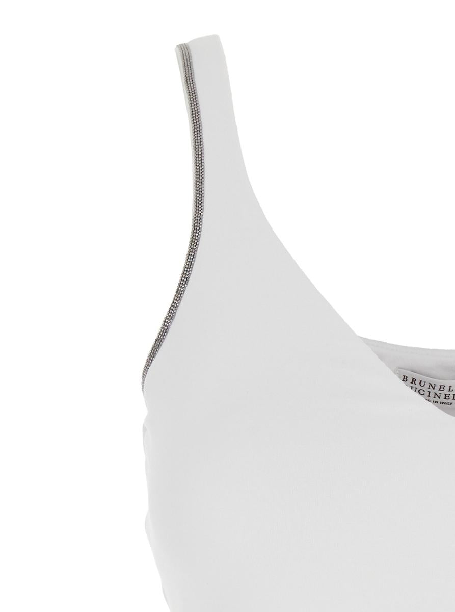 White Sleeveless Top With V Neck And Monil Detail On The Shoulder Straps In Cotton Stretch Woman