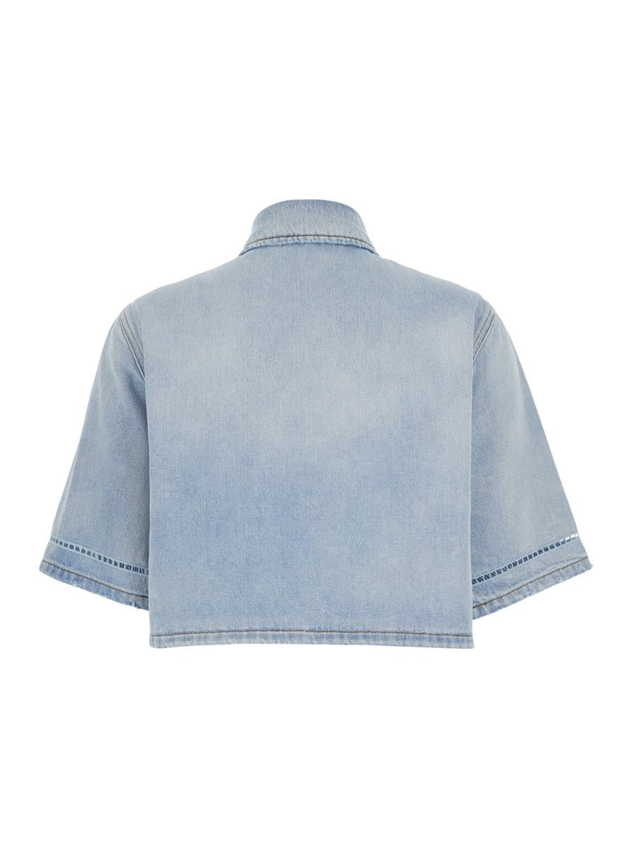 Light Blue Crop Shirt With Logo On The Front And Perforated Details In Denim Woman