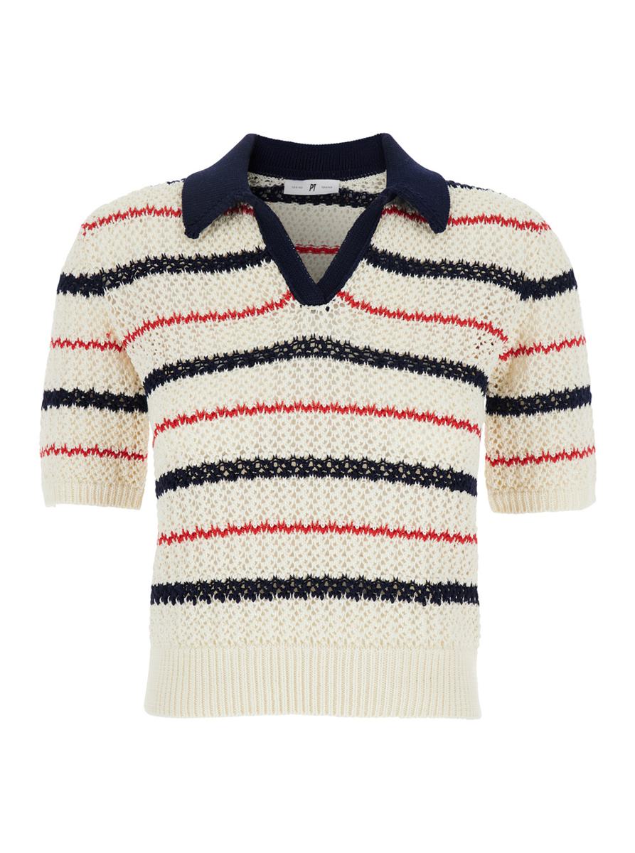 Multicolor V-Neck Sweater With All-Over Striped Motif In Cotton Woman
