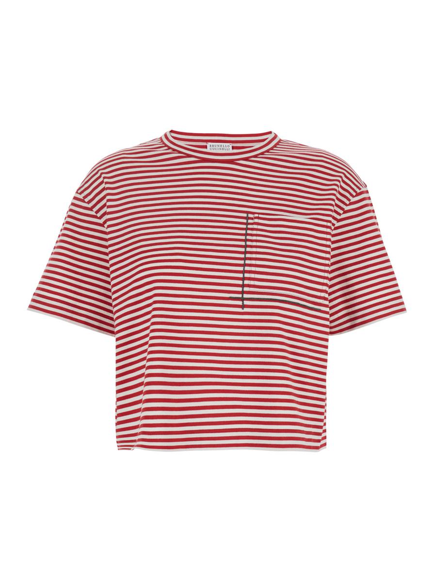 Red Crewneck T-Shirt With All-Over Striped Motif And Jewel Detail On The Front In Cotton Woman