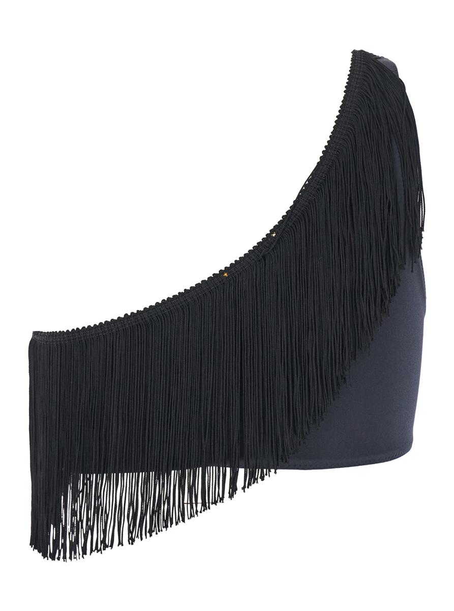 Black One-Shoulder Top With Fringe Embellishments In Tech Fabric Stretch Woman
