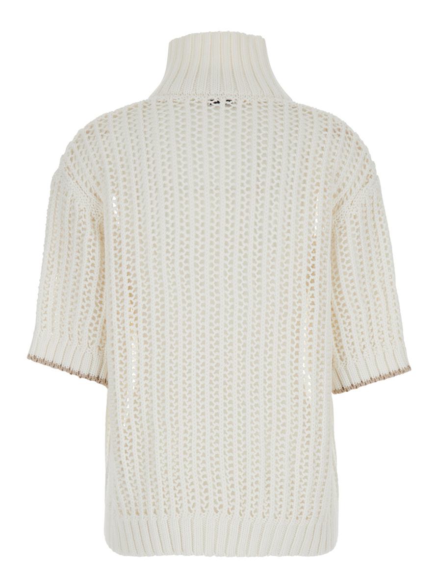White High Neck Sweater With Perforated Design In Cotton Woman