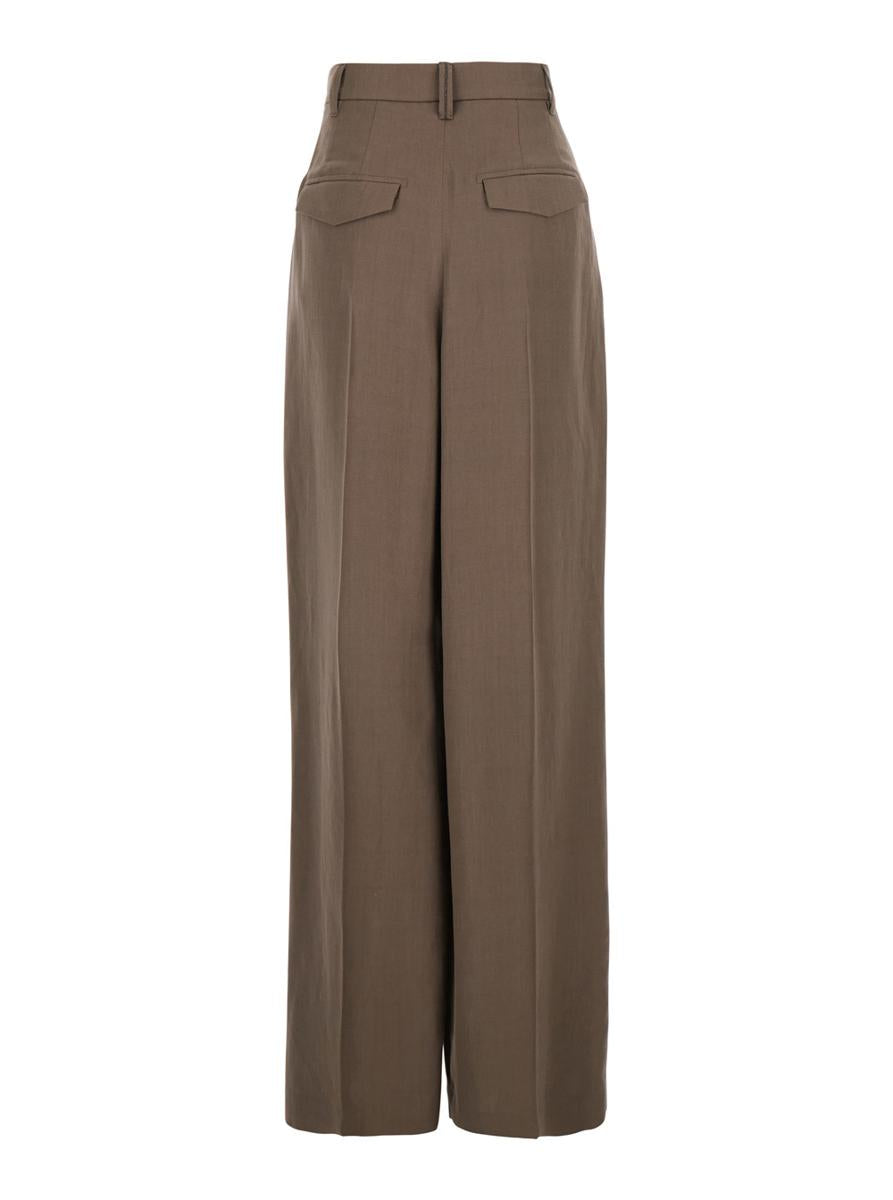 Brown Pants With Pleated Details In Linen Blend Woman
