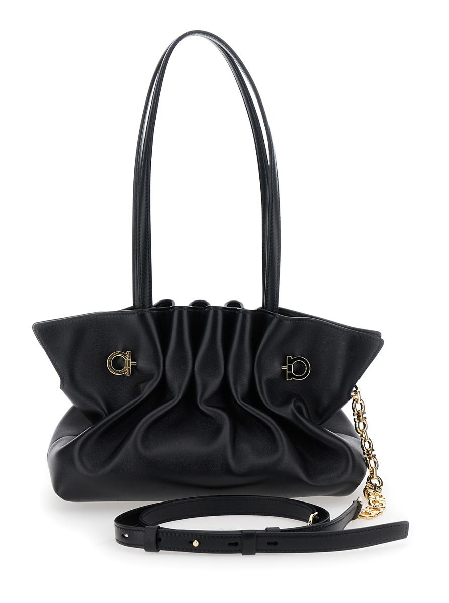 Black Crossbody Bag With Embossed Logo Lettering On The Front And Gancini In Leather Woman