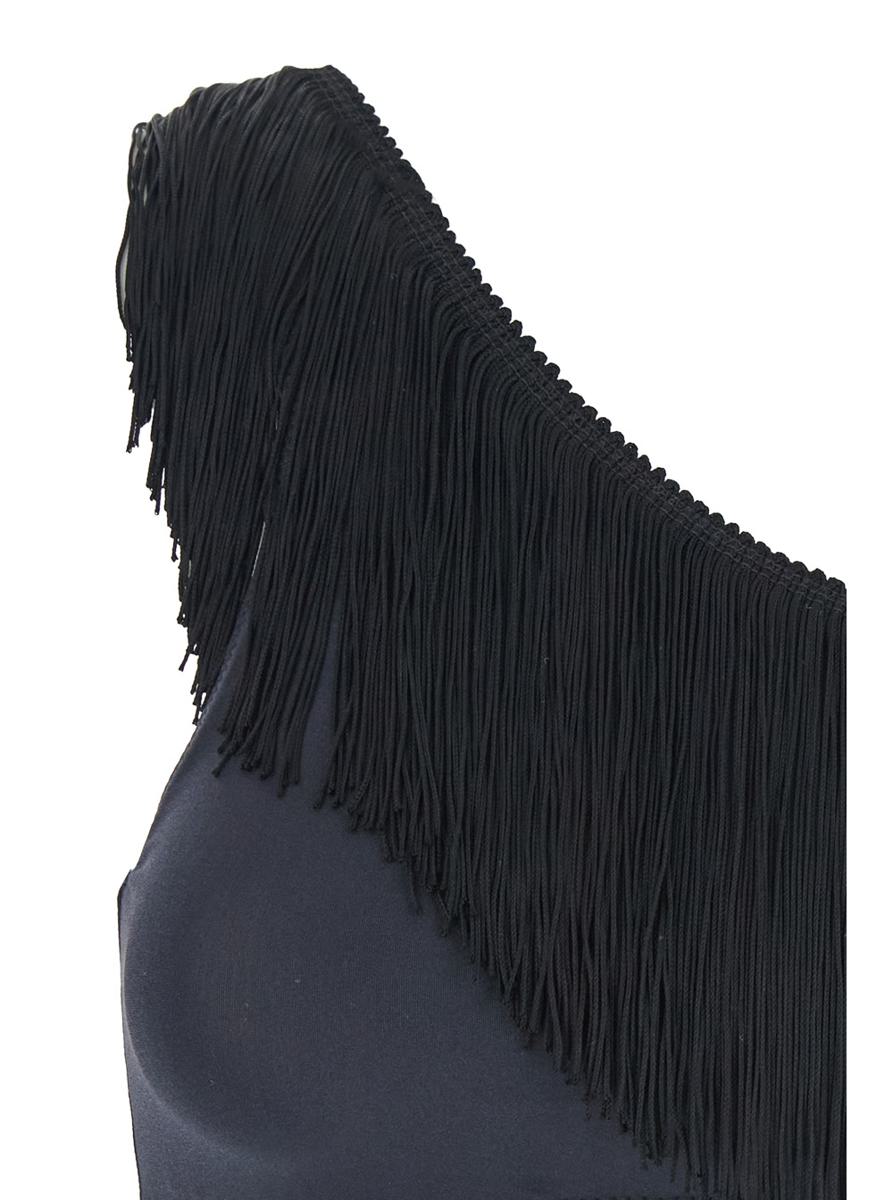 Black One-Shoulder Top With Fringe Embellishments In Tech Fabric Stretch Woman