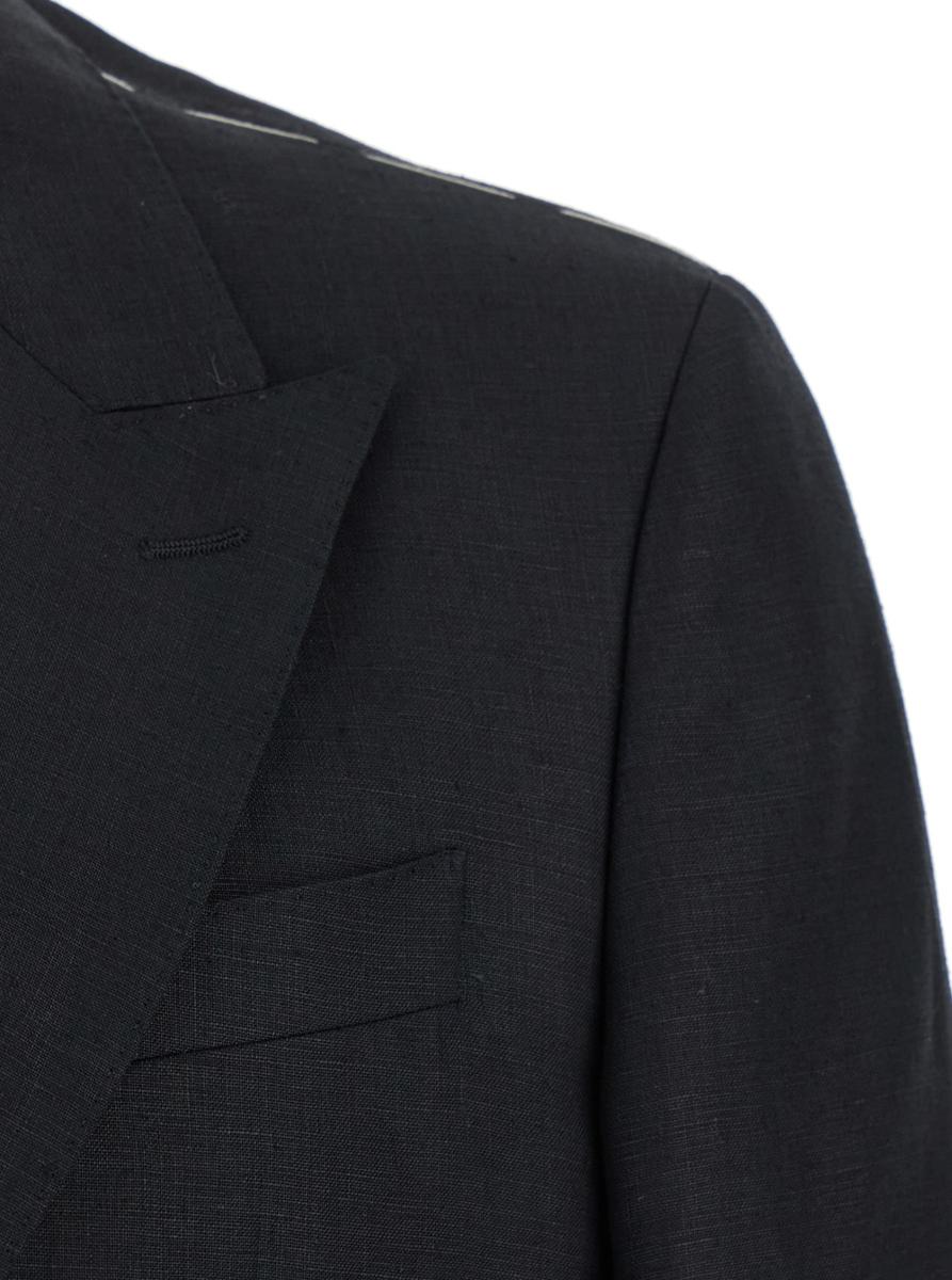 Black Double-Breasted Jacket With Peak Revers In Linen Man
