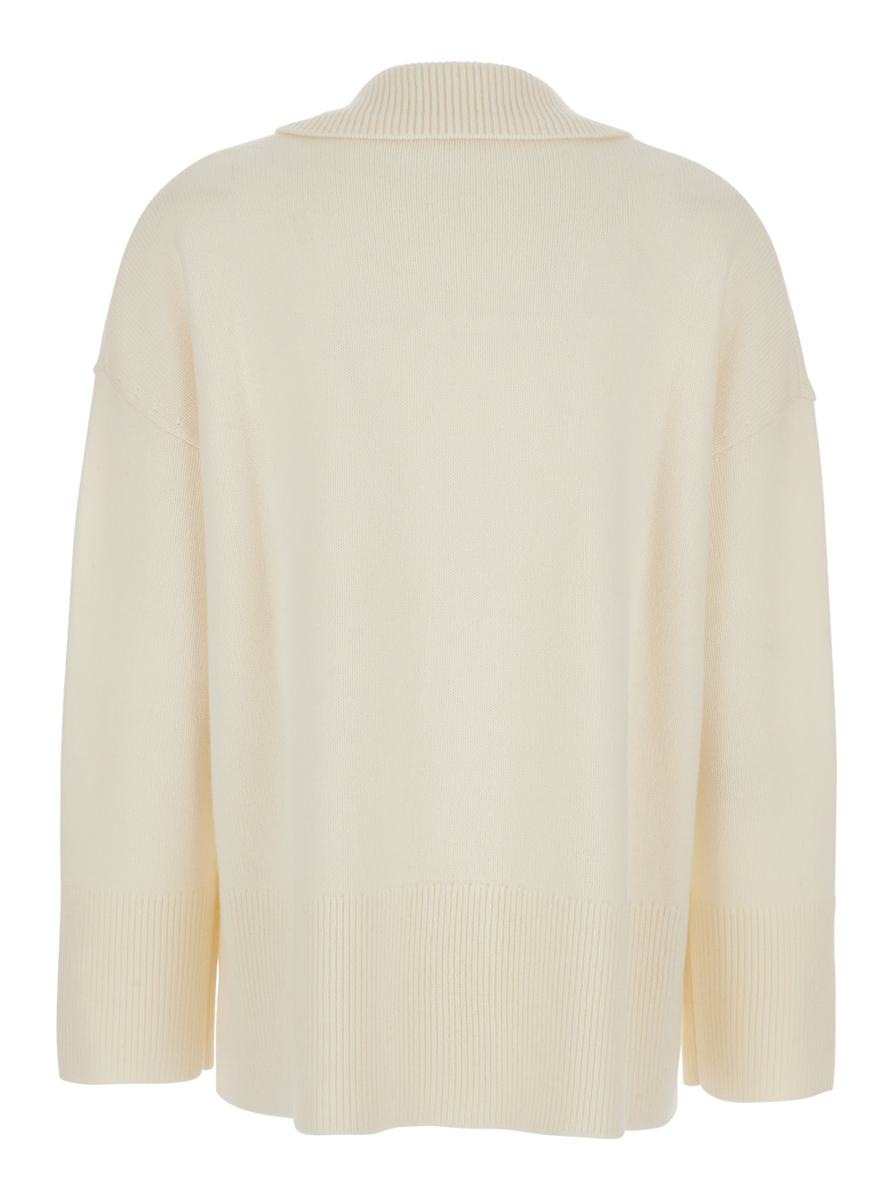 White Sweater With Polo Shirt Style Collar And Dropped Shoulder In Wool And Cashmere Woman