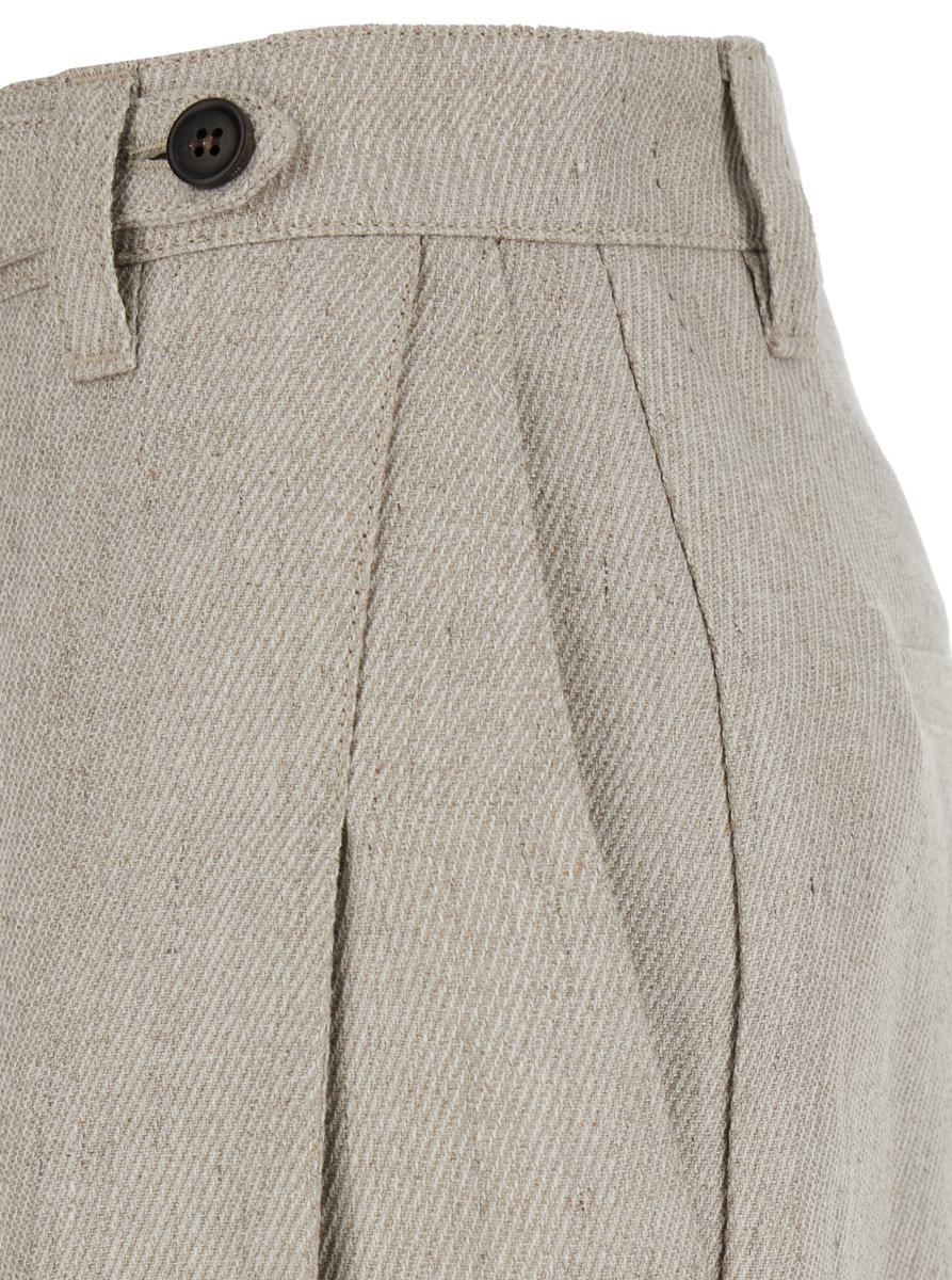 Beige Pants With Hidden Front Closure And Applied Buttons In Linen Woman