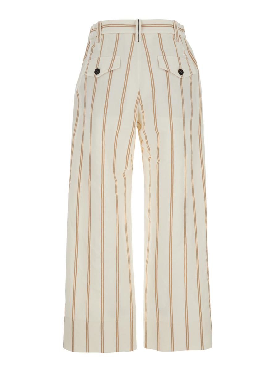 Multicolor Crop Pants With All-Over Striped Motif And Monile Detail In Linen And Cotton Blend Woman