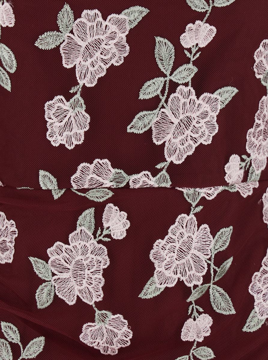 Bordeaux Dress With All-Over Floral Embroidery In Fabric Woman