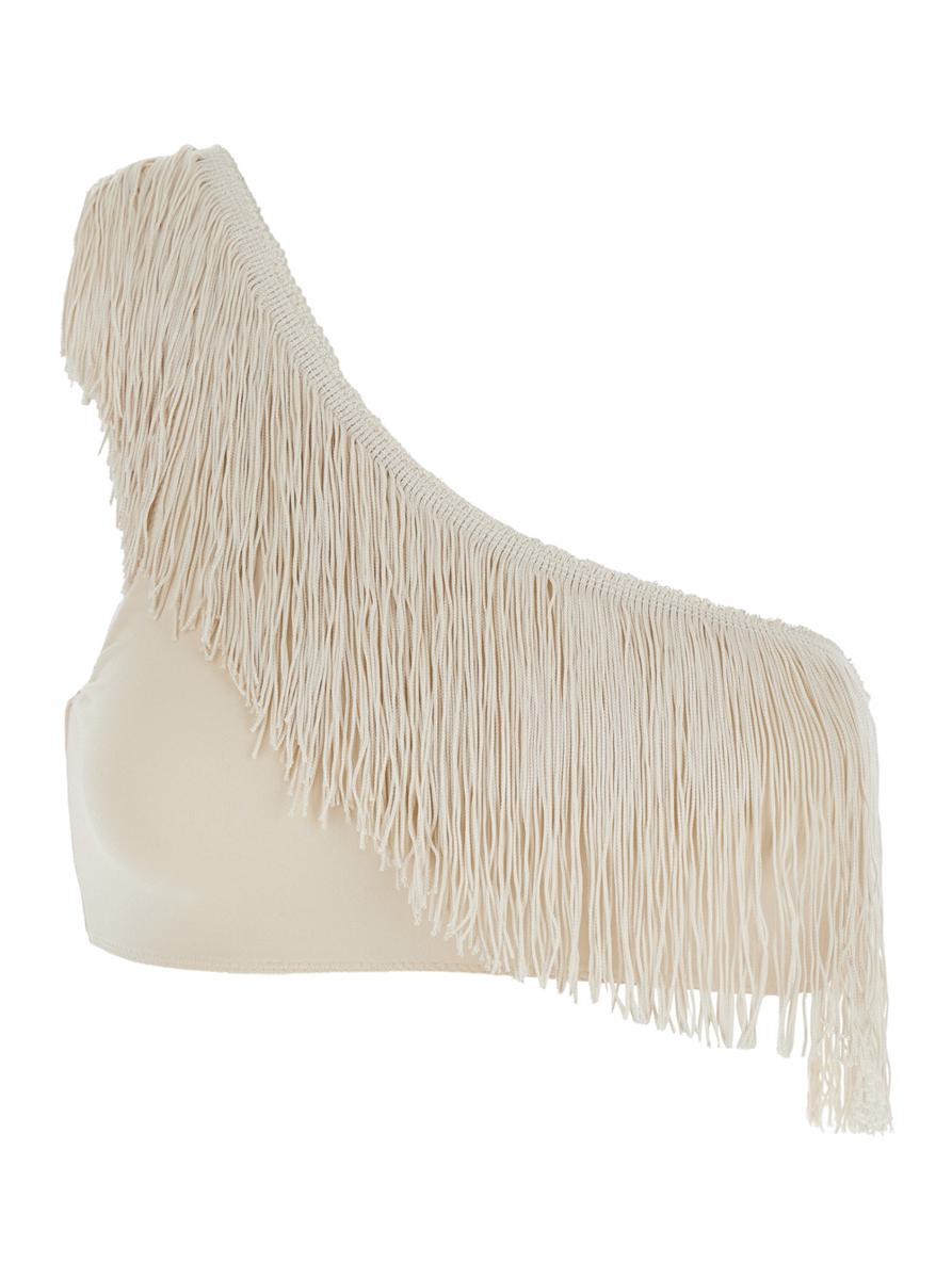 Beige One-Shoulder Top With Fringe Embellishments In Tech Fabric Stretch Woman