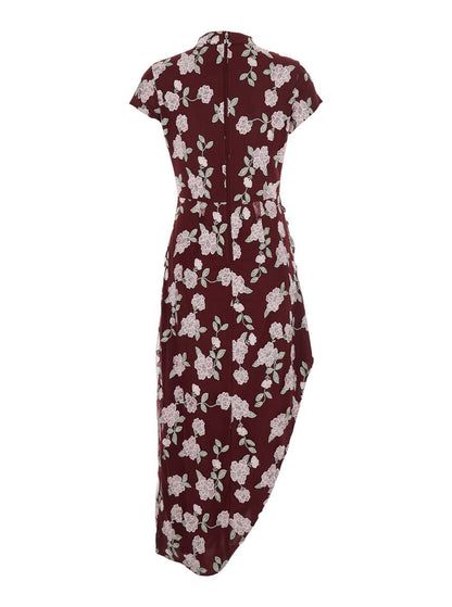 Bordeaux Dress With All-Over Floral Embroidery In Fabric Woman