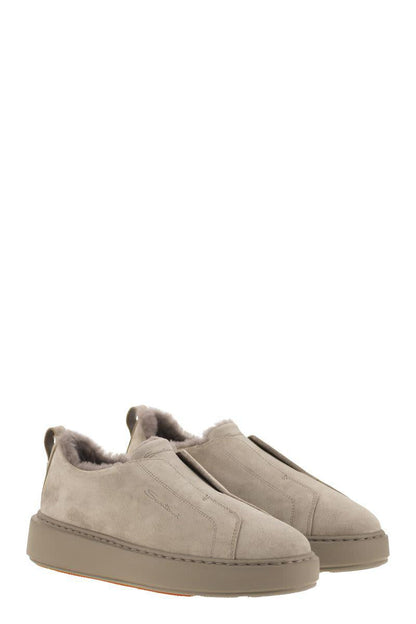 Santoni Slip-On Suede Sneakers With Fur