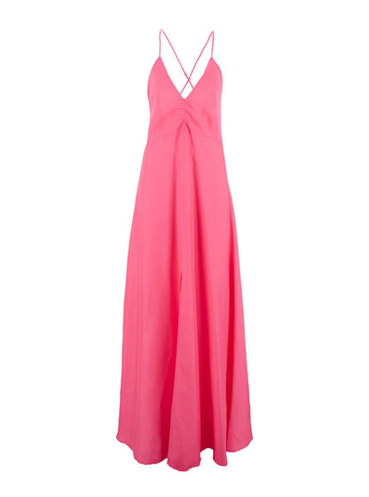 Fuchsia Sleeveless Long Dress With Criss-Crossed Spaghetti Straps And Rear Button Closure In Tech Fabric Woman