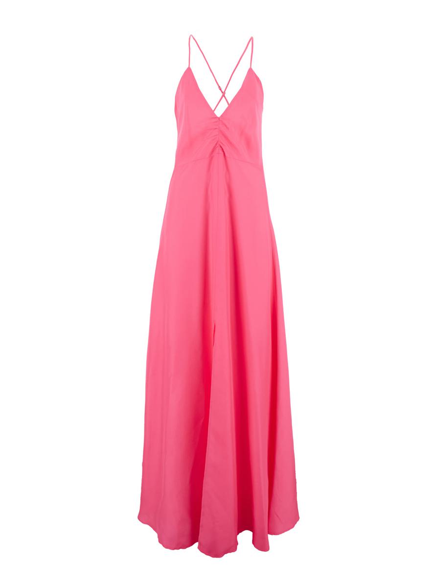 Fuchsia Sleeveless Long Dress With Criss-Crossed Spaghetti Straps And Rear Button Closure In Tech Fabric Woman