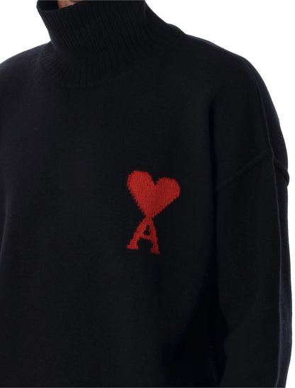 AMI Paris Black Wool  De Coeur Turtleneck