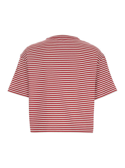 Red Crewneck T-Shirt With All-Over Striped Motif And Jewel Detail On The Front In Cotton Woman