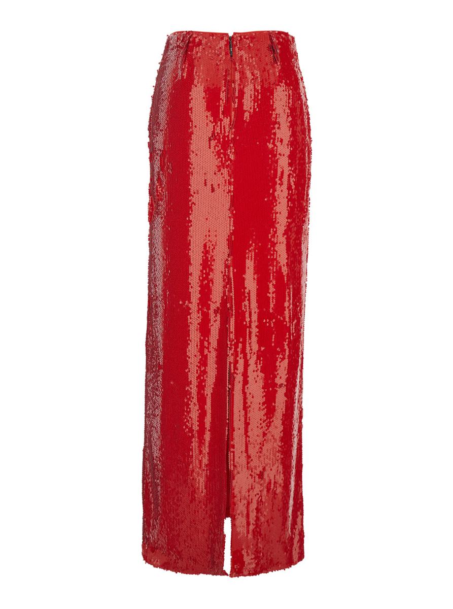Red Sequin Skirt With Rear Single Slit In Tech Fabric Woman