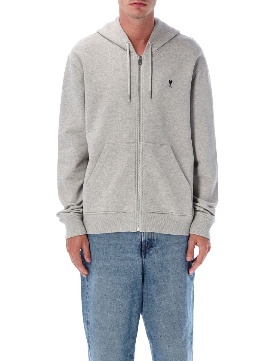 AMI Paris Grey Zipped Cotton  De Coeur Hoodie
