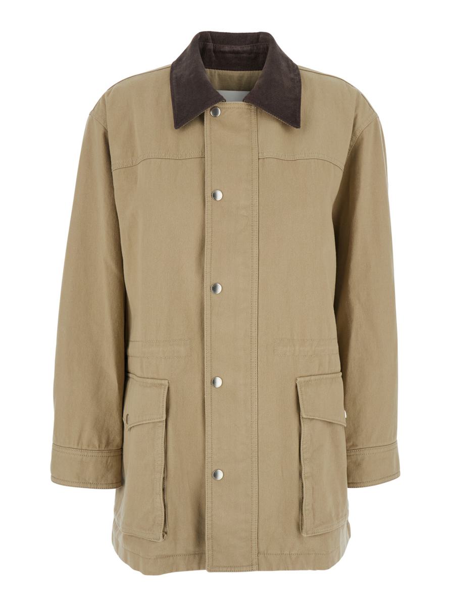 Beige Jacket With Corduroy Collar And Front Snap Button Closure In Cotton Woman